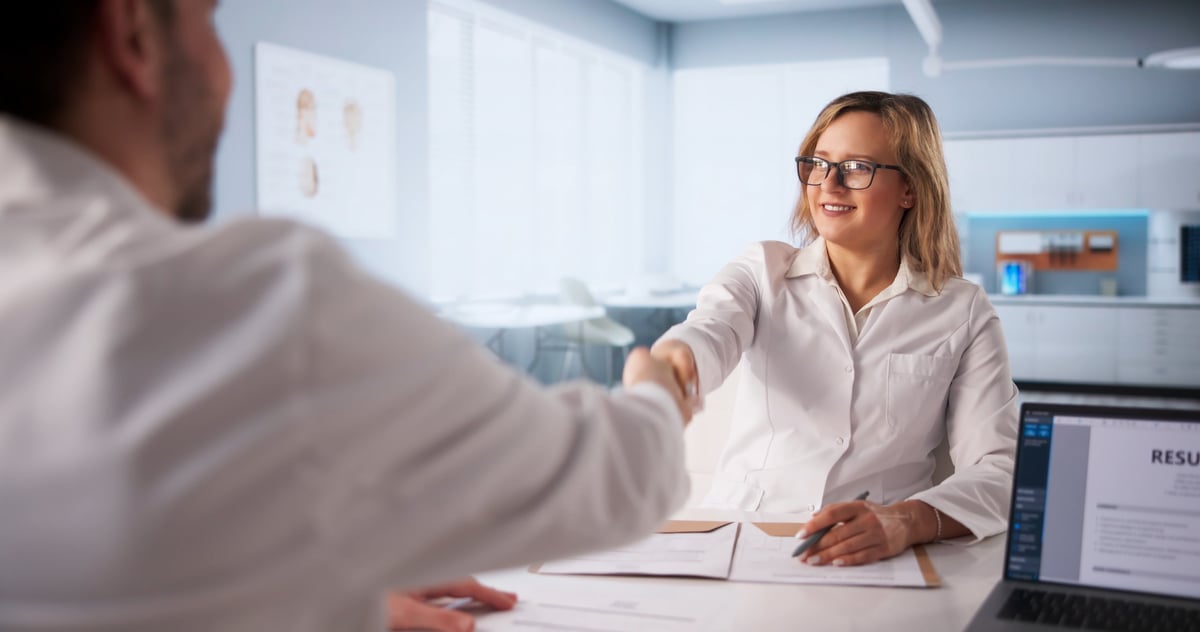 Healthcare recruiter and candidate in a medical staffing interview